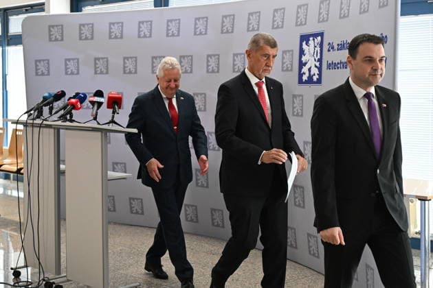 From left: Czech Defence Minister Jaromir Zuna, Prime Minister Andrej Babis and Foreign Affairs Minister Petr Macinka leave a press briefing on departure for NATO summit in Ankara, on July 7, 2026, in Prague, Czech Republic. (CTKxPhoto KaterinaxSulova) CTKPhotoP2026070702309  CTKPhotoP2026070702309