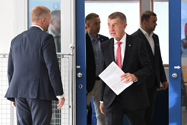 Czech Prime Minister Andrej Babis, front right, spoke at a press briefing on departure for NATO summit in Ankara, on July 7, 2026, in Prague, Czech Republic. (CTKxPhoto KaterinaxSulova) CTKPhotoP2026070702351  CTKPhotoP2026070702351