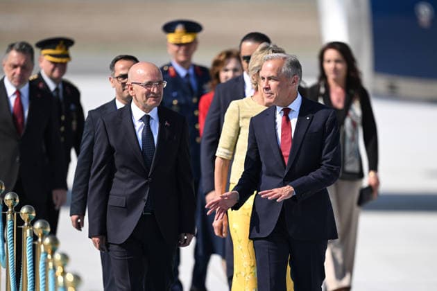 NATO Heads of State and Government Summit in Ankara ANKARA, TURKIYE - JULY 07: Canadian Prime Minister Mark Carney (R) is welcomed by Turkish Treasury and Finance Minister Mehmet Simsek (L) upon his arrival at Ankara Airport to attend the 36th NATO Heads of State and Government Summit in Ankara, Turkiye, on July 07, 2026. Muhammed Abdullah Kurtar Anadolu Ankara Turkey. Editorial use only. Please get in touch for any other usage.  Copyright: x2026xAnadoluxMuhammedxAbdullahxKurtarx