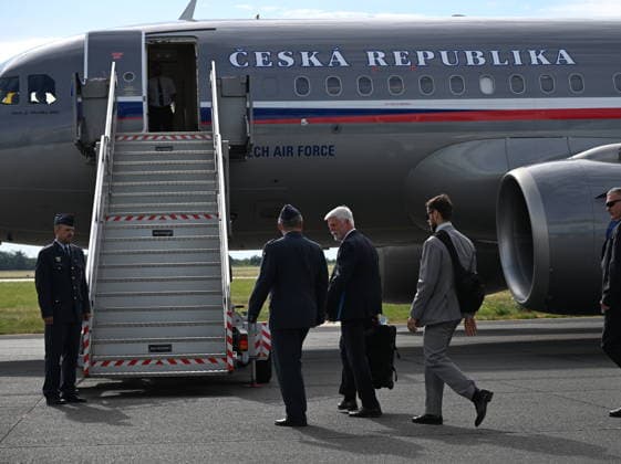 Czech President Petr Pavel, 3rd from left, boards the government plane to departing for the NATO summit in Ankara, on July 7, 2026, in Prague, Czech Republic. (CTKxPhoto KaterinaxSulova) CTKPhotoP2026070702679  CTKPhotoP2026070702679