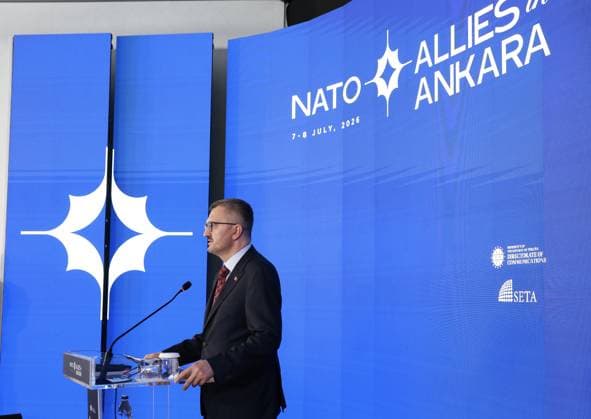 Allies in Ankara program held as part of NATO Summit in Ankara ANKARA, TURKIYE - JULY 07: Turkish Communications Director Burhanettin Duran delivers a speech during the Allies in Ankara program, organized jointly by the Republic of Turkiye Directorate of Communications , the Munich Security Conference (MSC), and the Foundation for Political, Economic and Social Research (SETA), as part of the 36th NATO Heads of State and Government Summit in Ankara, Turkiye, on July 07, 2026. Aytug Can Sencar Anadolu Ankara Turkey. Editorial use only. Please get in touch for any other usage.  Copyright: x2026xAnadoluxAytugxCanxSencarx