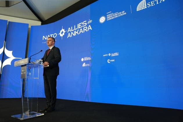 Allies in Ankara program held as part of NATO Summit in Ankara ANKARA, TURKIYE - JULY 07: Turkish Communications Director Burhanettin Duran delivers a speech during the Allies in Ankara program, organized jointly by the Republic of Turkiye Directorate of Communications , the Munich Security Conference (MSC), and the Foundation for Political, Economic and Social Research (SETA), on the sidelines of the 36th NATO Heads of State and Government Summit in Ankara, Turkiye, on July 07, 2026. Aytug Can Sencar Anadolu Ankara Turkey. Editorial use only. Please get in touch for any other usage.  Copyright: x2026xAnadoluxAytugxCanxSencarx
