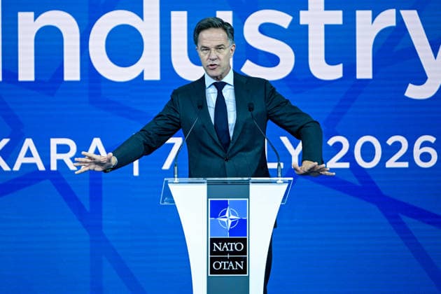 NATO Secretary General Mark Rutte addresses Defense Industry Forum in Ankara ANKARA, TURKIYE - JULY 7: NATO Secretary General Mark Rutte delivers a speech at a podium during the Defense Industry Forum in Ankara, Turkiye, on July 7, 2026. The 36th NATO Heads of State and Government Summit, hosted by Turkiye, commenced with the forum where transatlantic defense production and related investments will be at the forefront. Rutte attended the opening event to share key remarks with the participants. Ismail Aslandag Anadolu Ankara Turkey. Editorial use only. Please get in touch for any other usage.  Copyright: x2026xAnadoluxIsmailxAslandagx