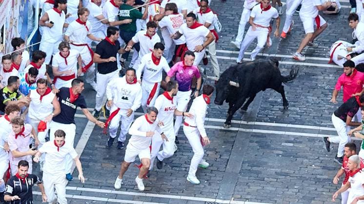IPA86463718 - Pamplona, Navarre. July 7, 2026. Festivities. San Fermin. Bull Run. The first bull run of the 2026 San Fermin festival, featuring bulls from Fuente Ymbro, took place at the end of Estafeta Street and the Telefónica section in Pamplona on July 7, 2026. First bull run of San Fermin 2026 with bulls from Fuente Ymbro at the end of Estafeta Street and the Telefónica section in Pamplona on July 7, 2026. Inigo Alzugaray Cordon Press Cordon Press  Copyright: x CordonxPress LiveMediax xx 86463718