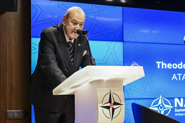 Opening session of the NATO Summit Dialogues event in Ankara ANKARA, TURKIYE - JULY 7: The President of the Atlantic Treaty Association (ATA), Theodossios Georgiou, delivers an opening speech at a podium, during the opening session of the NATO Summit Dialogues event in Ankara, Turkiye, on July 7, 2026. Organized jointly by the Turkish Atlantic Council (ATA Turkiye) and the Hariciye Foreign Policy and Security Research Center, the event commenced with Georgiou s address targeting key security and foreign policy discussions aligned with the broader NATO framework. Fatma Nur Arslan Anadolu Ankara Turkey. Editorial use only. Please get in touch for any other usage.  Copyright: x2026xAnadoluxFatmaxNurxArslanx