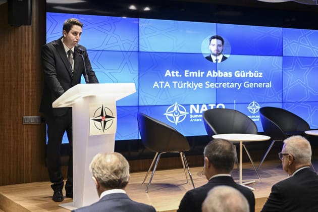 Opening session of the NATO Summit Dialogues event in Ankara ANKARA, TURKIYE - JULY 7: The Secretary General of the Turkish Atlantic Council (ATA Turkiye), Emir Abbas Gurbuz delivers an opening speech at a podium, during the opening session of the NATO Summit Dialogues event in Ankara, Turkiye, on July 7, 2026. Organized jointly by the Turkish Atlantic Council (ATA Turkiye) and the Hariciye Foreign Policy and Security Research Center, the event commenced with Georgiou s address targeting key security and foreign policy discussions aligned with the broader NATO framework. Fatma Nur Arslan Anadolu Ankara Turkey. Editorial use only. Please get in touch for any other usage.  Copyright: x2026xAnadoluxFatmaxNurxArslanx