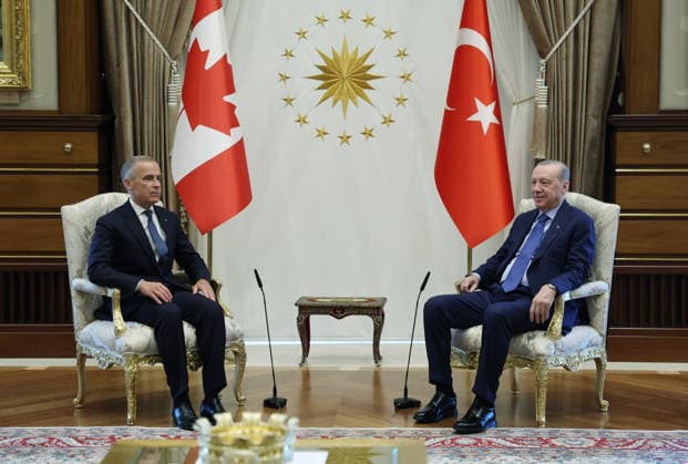 Recep Tayyip Erdogan - Mark Carney meeting in Ankara ANKARA, TURKIYE - JULY 7: (----EDITORIAL USE ONLY MANDATORY CREDIT - TURKISH PRESIDENCY MURAT KULA HANDOUT - NO MARKETING NO ADVERTISING CAMPAIGNS - DISTRIBUTED AS A SERVICE TO CLIENTS----) Turkish President Recep Tayyip Erdogan welcomes Canadian Prime Minister Mark Carney at the Presidential Complex, on July 7, 2026, in Ankara, Turkiye. TUR Presidency Murat Kula Anadolu Ankara Turkey. Editorial use only. Please get in touch for any other usage.  Copyright: x2026xAnadoluxTURxPresidency xMuratxKulax