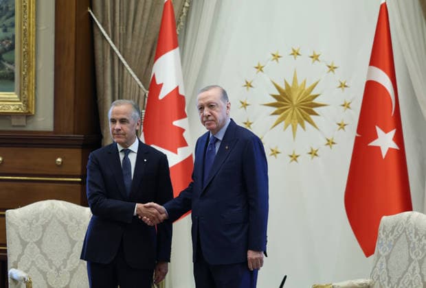 Recep Tayyip Erdogan - Mark Carney meeting in Ankara ANKARA, TURKIYE - JULY 7: (----EDITORIAL USE ONLY MANDATORY CREDIT - TURKISH PRESIDENCY MUSTAFA KAMACI HANDOUT - NO MARKETING NO ADVERTISING CAMPAIGNS - DISTRIBUTED AS A SERVICE TO CLIENTS----) Turkish President Recep Tayyip Erdogan welcomes Canadian Prime Minister Mark Carney at the Presidential Complex, on July 7, 2026, in Ankara, Turkiye. TUR Presidency Mustafa Kamaci Anadolu Ankara Turkey. Editorial use only. Please get in touch for any other usage.  Copyright: x2026xAnadoluxTURxPresidency xMustafaxKamacix