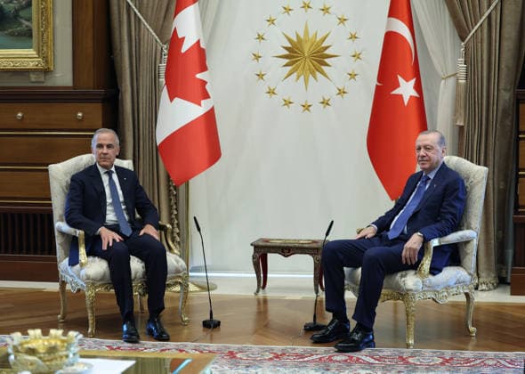 Recep Tayyip Erdogan - Mark Carney meeting in Ankara ANKARA, TURKIYE - JULY 7: (----EDITORIAL USE ONLY MANDATORY CREDIT - TURKISH PRESIDENCY MUSTAFA KAMACI HANDOUT - NO MARKETING NO ADVERTISING CAMPAIGNS - DISTRIBUTED AS A SERVICE TO CLIENTS----) Turkish President Recep Tayyip Erdogan welcomes Canadian Prime Minister Mark Carney at the Presidential Complex, on July 7, 2026, in Ankara, Turkiye. TUR Presidency Mustafa Kamaci Anadolu Ankara Turkey. Editorial use only. Please get in touch for any other usage.  Copyright: x2026xAnadoluxTURxPresidency xMustafaxKamacix