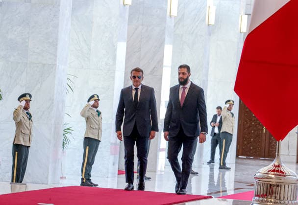 Ahmed al-Sharaa - Emmanuel Macron meeting in Damascus DAMASCUS, SYRIA - JULY 07: French President Emmanuel Macron (L) meets with Syrian President Ahmed al-Sharaa (R) at the People s Palace in Damascus during an official visit in Damascus, Syria on July 07, 2026. Izz Aldien Alqasem Anadolu Damascus Syria. Editorial use only. Please get in touch for any other usage.  Copyright: x2026xAnadoluxIzzxAldienxAlqasemx