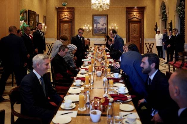 President Macron Meets With Representatives Of Syrian Civil Society - Damascus France s President Emmanuel Macron (centre-R) meets with representatives of Syrian civil society in Damascus on July 7, 2026. French President Emmanuel Macron arrived in Damascus on July 6, 2026 for the first visit by a Western European head of state since Syria s new authorities took power in 2024, an AFP journalist said. Macron, who will depart on July 7, 2026, will advocate for a free, pluralist Syria that respects each of its components and plays a role in moderating Middle East tensions, the French presidency told journalists ahead of his arrival. Photo by Ludovic Marin Pool ABACAPRESS.COM Damascus Syria  Copyright: xMarinxLudovic Pool ABACAx