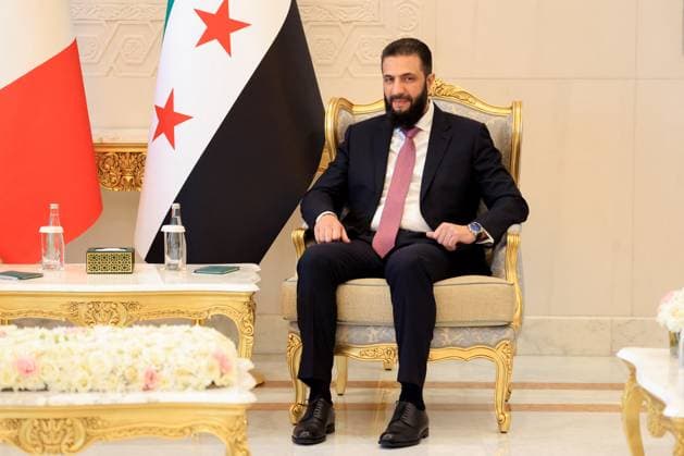 President Macron with President al-Sharaa Meeting - Damascus Syria s President Ahmed al-Sharaa reacts ahead of his meeting with France s President at the People s Palace in Damascus on July 7, 2026. Syria s President Ahmed al-Sharaa hailed France s constructive role in the transition since the toppling of longtime ruler Bashar al-Assad, as French leader Emmanuel Macron made the first post-conflict visit to Damascus by a Western European leader. (hoto by Ludovic Marin Pool ABACAPRESS.COM Damascus Syria  Copyright: xMarinxLudovic Pool ABACAx