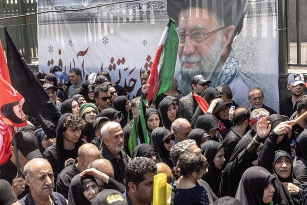 Ayatollah Ali Khamenei Mourners Massive crowds flooded the streets of Tehran stretching from Azadi Square as millions participated in the state funeral procession for the late Supreme Leader Ayatollah Ali Khamenei. Mourners accompanied the flag-draped coffins, calling for justice and revenge following the February 28 strikes  Copyright: xJackxHillx NINTCHDBPICT001093587841