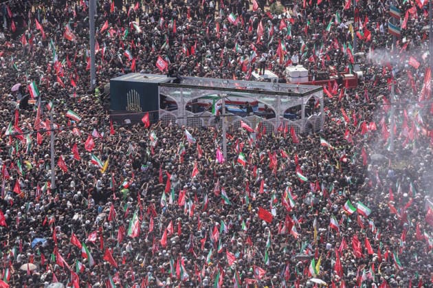 Ayatollah Ali Khamenei Mourners Massive crowds flooded the streets of Tehran stretching from Azadi Square as millions participated in the state funeral procession for the late Supreme Leader Ayatollah Ali Khamenei. Mourners accompanied the flag-draped coffins, calling for justice and revenge following the February 28 strikes  Copyright: xJackxHillx NINTCHDBPICT001093569945
