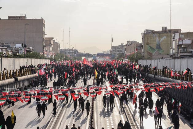 Ayatollah Ali Khamenei Mourners Massive crowds flooded the streets of Tehran stretching from Azadi Square as millions participated in the state funeral procession for the late Supreme Leader Ayatollah Ali Khamenei. Mourners accompanied the flag-draped coffins, calling for justice and revenge following the February 28 strikes  Copyright: xJackxHillx NINTCHDBPICT001093576947