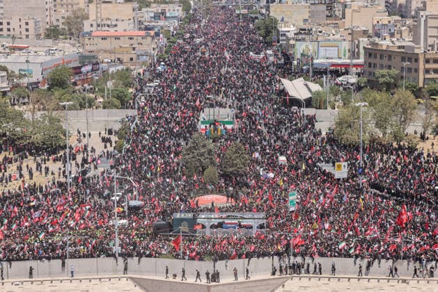 Ayatollah Ali Khamenei Mourners Massive crowds flooded the streets of Tehran stretching from Azadi Square as millions participated in the state funeral procession for the late Supreme Leader Ayatollah Ali Khamenei. Mourners accompanied the flag-draped coffins, calling for justice and revenge following the February 28 strikes  Copyright: xJackxHillx NINTCHDBPICT001093585761