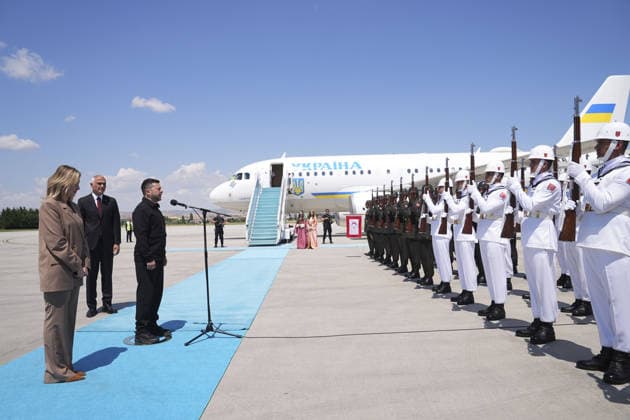 NATO Heads of State and Government Summit in Ankara ANKARA, TURKIYE - JULY 7: Ukrainian President Volodymyr Zelenskyy is welcomed by the Turkish Minister of Culture and Tourism Mehmet Nuri Ersoy at Esenboga Airport ahead of the 36th NATO Heads of State and Government Summit and is welcomed by in Ankara, Turkiye, on July 7, 2026. Metin Aktas Anadolu Ankara Turkey. Editorial use only. Please get in touch for any other usage.  Copyright: x2026xAnadoluxMetinxAktasx