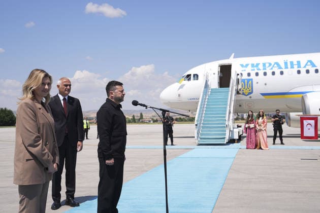 NATO Heads of State and Government Summit in Ankara ANKARA, TURKIYE - JULY 7: Ukrainian President Volodymyr Zelenskyy is welcomed by the Turkish Minister of Culture and Tourism Mehmet Nuri Ersoy at Esenboga Airport ahead of the 36th NATO Heads of State and Government Summit and is welcomed by in Ankara, Turkiye, on July 7, 2026. Metin Aktas Anadolu Ankara Turkey. Editorial use only. Please get in touch for any other usage.  Copyright: x2026xAnadoluxMetinxAktasx
