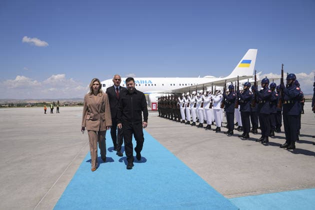 NATO Heads of State and Government Summit in Ankara ANKARA, TURKIYE - JULY 7: Ukrainian President Volodymyr Zelenskyy is welcomed by the Turkish Minister of Culture and Tourism Mehmet Nuri Ersoy at Esenboga Airport ahead of the 36th NATO Heads of State and Government Summit and is welcomed by in Ankara, Turkiye, on July 7, 2026. Metin Aktas Anadolu Ankara Turkey. Editorial use only. Please get in touch for any other usage.  Copyright: x2026xAnadoluxMetinxAktasx
