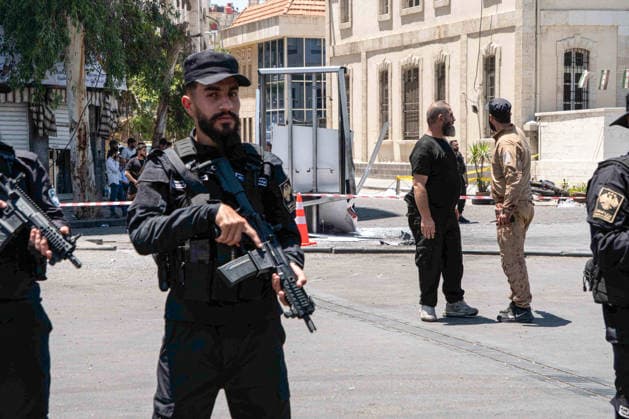 Eighteen injured in double explosions near Tourism Ministry in Syrian capital Damascus DAMASCUS, SYRIA - JULY 7: Security forces take strict security measures following two consecutive explosions that occurred near the Ministry of Tourism building, injuring 18 people including four security personnel, in Damascus, Syria on July 7, 2026. The area was cordoned off as emergency teams and security units responded to the aftermath of the twin blasts in the capital. Anagha Subhash Nair Anadolu Damascus Syria. Editorial use only. Please get in touch for any other usage.  Copyright: x2026xAnadoluxAnaghaxSubhashxNairx
