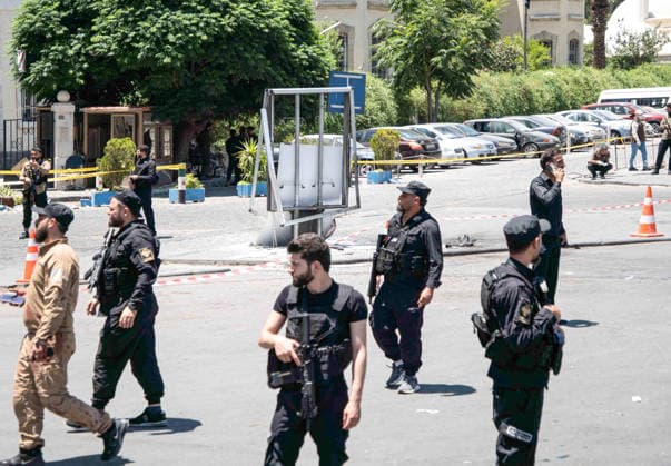 Eighteen injured in double explosions near Tourism Ministry in Syrian capital Damascus DAMASCUS, SYRIA - JULY 7: Security forces take strict security measures following two consecutive explosions that occurred near the Ministry of Tourism building, injuring 18 people including four security personnel, in Damascus, Syria on July 7, 2026. The area was cordoned off as emergency teams and security units responded to the aftermath of the twin blasts in the capital. Anagha Subhash Nair Anadolu Damascus Syria. Editorial use only. Please get in touch for any other usage.  Copyright: x2026xAnadoluxAnaghaxSubhashxNairx