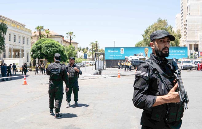 Eighteen injured in double explosions near Tourism Ministry in Syrian capital Damascus DAMASCUS, SYRIA - JULY 7: Security forces take strict security measures following two consecutive explosions that occurred near the Ministry of Tourism building, injuring 18 people including four security personnel, in Damascus, Syria on July 7, 2026. The area was cordoned off as emergency teams and security units responded to the aftermath of the twin blasts in the capital. Anagha Subhash Nair Anadolu Damascus Syria. Editorial use only. Please get in touch for any other usage.  Copyright: x2026xAnadoluxAnaghaxSubhashxNairx