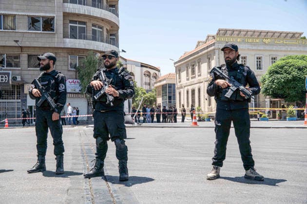 Eighteen injured in double explosions near Tourism Ministry in Syrian capital Damascus DAMASCUS, SYRIA - JULY 7: Security forces take strict security measures following two consecutive explosions that occurred near the Ministry of Tourism building, injuring 18 people including four security personnel, in Damascus, Syria on July 7, 2026. The area was cordoned off as emergency teams and security units responded to the aftermath of the twin blasts in the capital. Anagha Subhash Nair Anadolu Damascus Syria. Editorial use only. Please get in touch for any other usage.  Copyright: x2026xAnadoluxAnaghaxSubhashxNairx