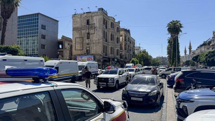 Eighteen injured in double explosions near Tourism Ministry in Syrian capital Damascus DAMASCUS, SYRIA - JULY 7: Security forces take strict security measures following two consecutive explosions that occurred near the Ministry of Tourism building, injuring 18 people including four security personnel, in Damascus, Syria on July 7, 2026. The area was cordoned off as emergency teams and security units responded to the aftermath of the twin blasts in the capital. Anagha Subhash Nair Anadolu Damascus Syria. Editorial use only. Please get in touch for any other usage.  Copyright: x2026xAnadoluxAnaghaxSubhashxNairx