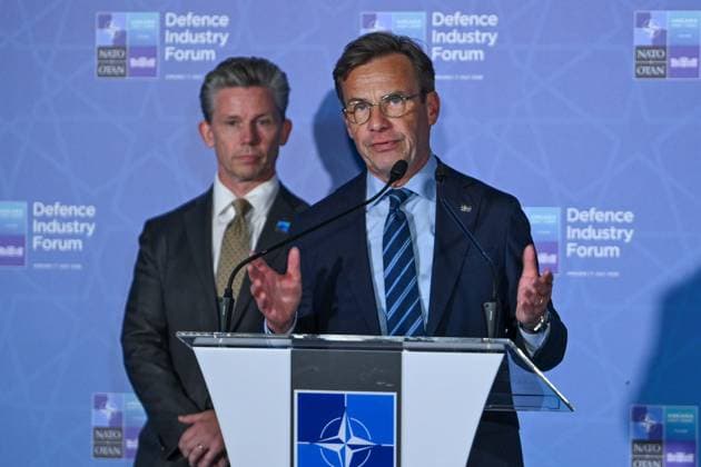 NATO Heads of State and Government Summit in Ankara ANKARA, TURKIYE - JULY 07: Swedish Prime Minister Ulf Kristersson (R), Swedish Minister for Defence Pal Jonson (L), and Saab President and CEO Micael Johansson (not seen) speak at a press conference during the 36th NATO Heads of State and Government Summit in Ankara, Turkiye on July 07, 2026. Ismail Aslandag Anadolu Ankara Turkey. Editorial use only. Please get in touch for any other usage.  Copyright: x2026xAnadoluxIsmailxAslandagx