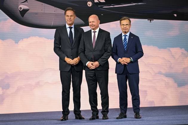 NATO Heads of State and Government Summit in Ankara ANKARA, TURKIYE - JULY 7: NATO Secretary General Mark Rutte (L), Prime Minister of Sweden Ulf Kristersson (R) and Saab President and CEO Micael Johansson (C) attend the Defence Industry Forum, which opened the 36th NATO Heads of State and Government Summit in Ankara, Turkiye, on July 7, 2026. Ismail Aslandag Anadolu Ankara Turkey. Editorial use only. Please get in touch for any other usage.  Copyright: x2026xAnadoluxIsmailxAslandagx