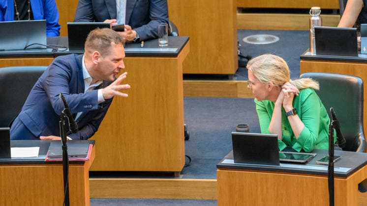 - Wien 7.7.2026 - 87. Sitzung des Nationalrats. TO: Volksgruppengesetz und Gerichtsorganisationsgesetz. PHOTO: Geschaeftsfuehrender Klubobmann der SPÖ Philip Kucher und Bundessprecherin der Gruenen Leonore Gewessler 87th sitting of the National Council. Nationalrat, Nationalratssitzung, Parlamentssitzung, Parlament, Plenum 87. Sitzung des Nationalrats *** Vienna, July 7, 2026, 87th Session of the National Council: Agenda Item—Ethnic Minorities Act and Court Organization Act. PHOTO: Philip Kucher, Executive Club Chairman of the SPÖ, and Leonore Gewessler, Federal Spokesperson for the Greens. 87th Session of the National Council, Nationalrat, National Council session, parliamentary session, parliament, plenary session 87th session of th 