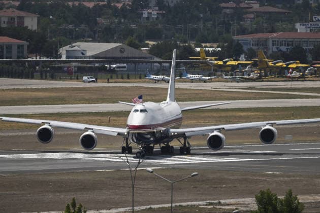 US President Donald Trump arrives in Ankara ANKARA, TURKIYE - JULY 7: The aircraft carrying US President Donald Trump lands at Ankara Airport as part of an official visit to Turkiye ahead of the upcoming NATO Summit, in Ankara, Turkiye on July 7, 2026. Didem Mente Anadolu Ankara Turkey. Editorial use only. Please get in touch for any other usage.  Copyright: x2026xAnadoluxDidemxMentex