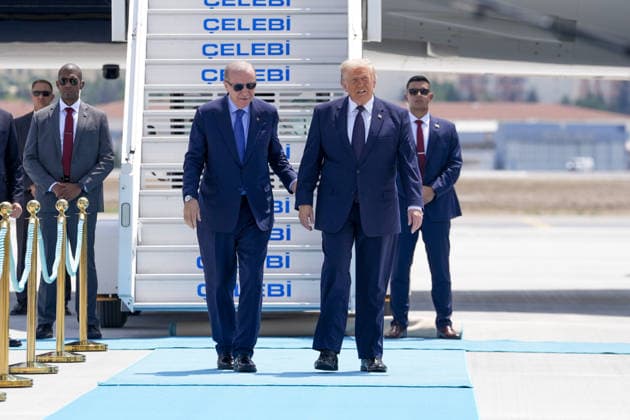US President Donald Trump in Ankara ANKARA, TURKIYE - JULY 07: Turkish President Recep Tayyip Erdogan welcomes US President Donald Trump who is paying an official visit to Turkiye ahead of the 36th NATO Heads of State and Government Summit, at Ankara Esenboga Airport in Ankara, Turkiye, on July 07, 2026. Osmancan Gurdogan Anadolu Ankara Turkey. Editorial use only. Please get in touch for any other usage.  Copyright: x2026xAnadoluxOsmancanxGurdoganx