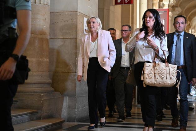 French far-right leader Marine Le Pen arrives at Paris courthouse for verdict in appeal trial PARIS, FRANCE - JULY 7: Member of parliament for the far-right Rassemblement National (National Rally - RN) party Marine Le Pen arrives ahead of the hearing for the verdict in her appeal trial at the Paris courthouse on the Ile de la Cite, in Paris, France on July 7, 2026. Mustafa Yalcin Anadolu Paris World. Editorial use only. Please get in touch for any other usage.  Copyright: x2026xAnadoluxMustafaxYalcinx
