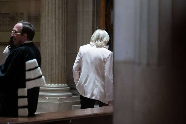 Paris, France, July 7, 2026 - President of far right party Rassemblement National (RN) parliamentary group Marine Le Pen arrives to attend the verdict in the appeal trial of RN former or actual members on charges of embezzlement of European public funds in a case of alleged European Parliament fake jobs at Paris Court of Appeal. A lower court last year sentenced longtime party leader and three time presidential candidate, Marine Le Pen, to a five year ban from public office and two years in prison over a fake jobs scam at the European Parliament. The appeals court will rule on whether to uphold the ban in a case that has upended her presidential aspirations.  Copyright: xAlexisxSciardx