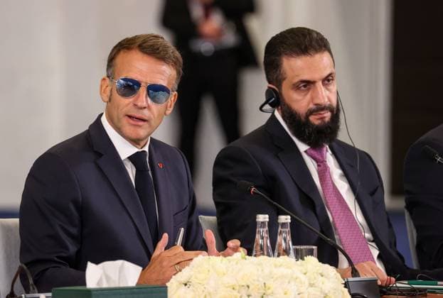 Syrian President Ahmed Shara and French President Emmanuel Macron address Syria-France Economic Forum in Damascus DAMASCUS, SYRIA - JULY 7: Syrian President Ahmed Shara (R) and French President Emmanuel Macron (L), who is on an official visit to Damascus, Syria, deliver speeches during the Syria-France Economic Forum, on July 7, 2026. Izz Aldien Alqasem Anadolu Damascus Syria. Editorial use only. Please get in touch for any other usage.  Copyright: x2026xAnadoluxIzzxAldienxAlqasemx