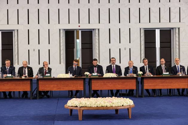 Syrian President Ahmed Shara and French President Emmanuel Macron address Syria-France Economic Forum in Damascus DAMASCUS, SYRIA - JULY 7: Syrian President Ahmed Shara and French President Emmanuel Macron, who is on an official visit to Damascus, Syria, deliver speeches during the Syria-France Economic Forum, on July 7, 2026. Izz Aldien Alqasem Anadolu Damascus Syria. Editorial use only. Please get in touch for any other usage.  Copyright: x2026xAnadoluxIzzxAldienxAlqasemx