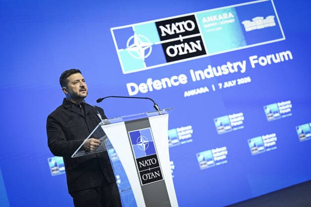 Defense Industry Forum held during NATO Summit in Ankara ANKARA, TURKIYE - JULY 7: Ukrainian President Volodymyr Zelenskyy delivers a speech at a podium during the Defense Industry Forum held within the 36th NATO Heads of State and Government Summit in Ankara, Turkiye, on July 7, 2026. Berke Bayur Anadolu Ankara Turkey. Editorial use only. Please get in touch for any other usage.  Copyright: x2026xAnadoluxBerkexBayurx