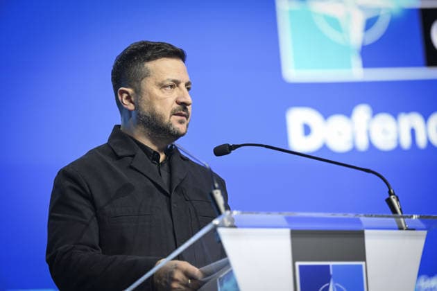 Defense Industry Forum held during NATO Summit in Ankara ANKARA, TURKIYE - JULY 7: Ukrainian President Volodymyr Zelenskyy delivers a speech at a podium during the Defense Industry Forum held within the 36th NATO Heads of State and Government Summit in Ankara, Turkiye, on July 7, 2026. Berke Bayur Anadolu Ankara Turkey. Editorial use only. Please get in touch for any other usage.  Copyright: x2026xAnadoluxBerkexBayurx
