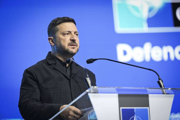 Defense Industry Forum held during NATO Summit in Ankara ANKARA, TURKIYE - JULY 7: Ukrainian President Volodymyr Zelenskyy delivers a speech at a podium during the Defense Industry Forum held within the 36th NATO Heads of State and Government Summit in Ankara, Turkiye, on July 7, 2026. Berke Bayur Anadolu Ankara Turkey. Editorial use only. Please get in touch for any other usage.  Copyright: x2026xAnadoluxBerkexBayurx