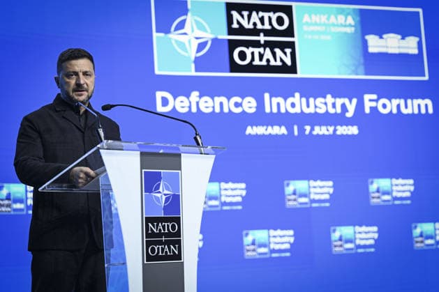 Defense Industry Forum held during NATO Summit in Ankara ANKARA, TURKIYE - JULY 7: Ukrainian President Volodymyr Zelenskyy delivers a speech at a podium during the Defense Industry Forum held within the 36th NATO Heads of State and Government Summit in Ankara, Turkiye, on July 7, 2026. Berke Bayur Anadolu Ankara Turkey. Editorial use only. Please get in touch for any other usage.  Copyright: x2026xAnadoluxBerkexBayurx