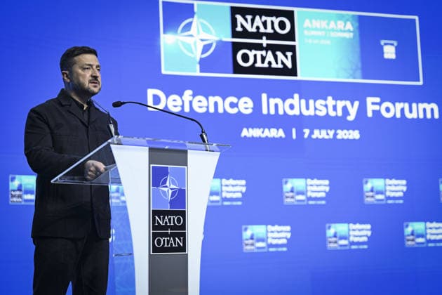 Defense Industry Forum held during NATO Summit in Ankara ANKARA, TURKIYE - JULY 7: Ukrainian President Volodymyr Zelenskyy delivers a speech at a podium during the Defense Industry Forum held within the 36th NATO Heads of State and Government Summit in Ankara, Turkiye, on July 7, 2026. Berke Bayur Anadolu Ankara Turkey. Editorial use only. Please get in touch for any other usage.  Copyright: x2026xAnadoluxBerkexBayurx