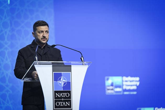 Defense Industry Forum held during NATO Summit in Ankara ANKARA, TURKIYE - JULY 7: Ukrainian President Volodymyr Zelenskyy delivers a speech at a podium during the Defense Industry Forum held within the 36th NATO Heads of State and Government Summit in Ankara, Turkiye, on July 7, 2026. Berke Bayur Anadolu Ankara Turkey. Editorial use only. Please get in touch for any other usage.  Copyright: x2026xAnadoluxBerkexBayurx