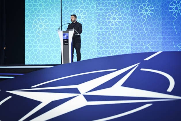 Defense Industry Forum held during NATO Summit in Ankara ANKARA, TURKIYE - JULY 7: Ukrainian President Volodymyr Zelenskyy delivers a speech at a podium during the Defense Industry Forum held within the 36th NATO Heads of State and Government Summit in Ankara, Turkiye, on July 7, 2026. Berke Bayur Anadolu Ankara Turkey. Editorial use only. Please get in touch for any other usage.  Copyright: x2026xAnadoluxBerkexBayurx