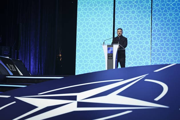 Defense Industry Forum held during NATO Summit in Ankara ANKARA, TURKIYE - JULY 7: Ukrainian President Volodymyr Zelenskyy delivers a speech at a podium during the Defense Industry Forum held within the 36th NATO Heads of State and Government Summit in Ankara, Turkiye, on July 7, 2026. Berke Bayur Anadolu Ankara Turkey. Editorial use only. Please get in touch for any other usage.  Copyright: x2026xAnadoluxBerkexBayurx