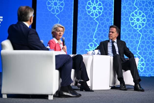 NATO Ankara Summit opens with Defense Industry Forum ANKARA, TURKIYE - JULY 07: NATO Secretary General Mark Rutte and European Commission President Ursula von der Leyen deliver remarks at the Defense Industry Forum, held as part of the 36th NATO Heads of State and Government Summit in Ankara, Turkiye, on July 07, 2026. The forum focuses on transatlantic defense production and related investments. Ismail Aslandag Anadolu Ankara Turkey. Editorial use only. Please get in touch for any other usage.  Copyright: x2026xAnadoluxIsmailxAslandagx