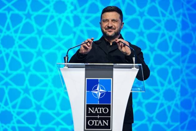 Defense Industry Forum held during NATO Summit in Ankara ANKARA, TURKIYE - JULY 7: Ukrainian President Volodymyr Zelenskyy delivers a speech at a podium during the Defense Industry Forum held within the 36th NATO Heads of State and Government Summit in Ankara, Turkiye, on July 7, 2026. Ismail Aslandag Anadolu Ankara Turkey. Editorial use only. Please get in touch for any other usage.  Copyright: x2026xAnadoluxIsmailxAslandagx