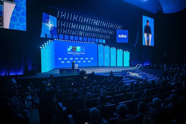 Defense Industry Forum held during NATO Summit in Ankara ANKARA, TURKIYE - JULY 7: Ukrainian President Volodymyr Zelenskyy delivers a speech at a podium during the Defense Industry Forum held within the 36th NATO Heads of State and Government Summit in Ankara, Turkiye, on July 7, 2026. Ismail Aslandag Anadolu Ankara Turkey. Editorial use only. Please get in touch for any other usage.  Copyright: x2026xAnadoluxIsmailxAslandagx