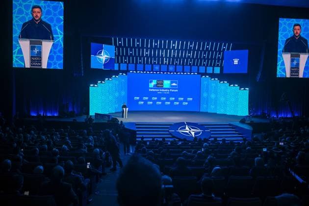 Defense Industry Forum held during NATO Summit in Ankara ANKARA, TURKIYE - JULY 7: Ukrainian President Volodymyr Zelenskyy delivers a speech at a podium during the Defense Industry Forum held within the 36th NATO Heads of State and Government Summit in Ankara, Turkiye, on July 7, 2026. Ismail Aslandag Anadolu Ankara Turkey. Editorial use only. Please get in touch for any other usage.  Copyright: x2026xAnadoluxIsmailxAslandagx