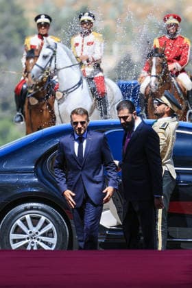 President Macron with President al-Sharaa Meeting - Damascus France s President Emmanuel Macron (L) and Syria s President Ahmed al-Sharaa arrive ahead of their meeting at the People s Palace in Damascus on July 7, 2026. Syria s President Ahmed al-Sharaa hailed France s constructive role in the transition since the toppling of longtime ruler Bashar al-Assad, as French leader Emmanuel Macron made the first post-conflict visit to Damascus by a Western European leader. Photo by Ludovic Marin Pool ABACAPRESS.COM Damascus Syria  Copyright: xMarinxLudovic Pool ABACAx
